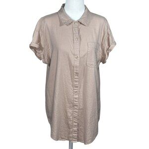 Falls Creek Size M Women Linen-Blend Shirt Beige Short-Sleeve Button-Up